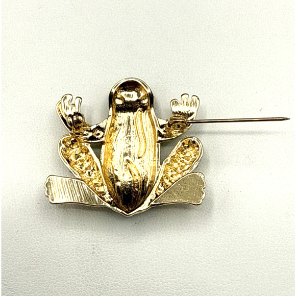 Vintage Frog Brooch Green Enamel Rhinestone Gold Tone Tree Frog - Picture 4 of 6